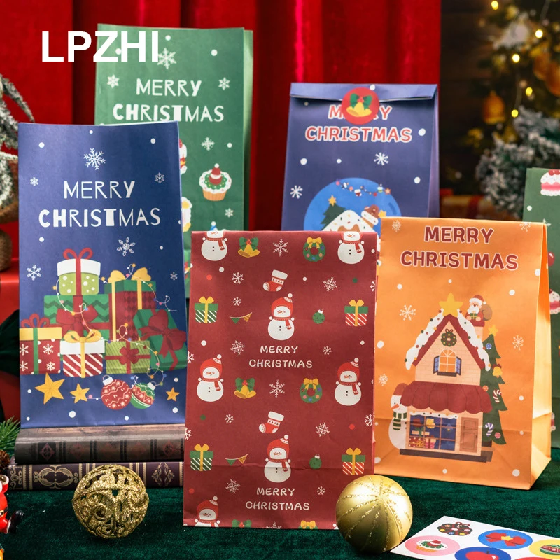 

LPZHI 6pcs Christmas Gift Packaging Paper Bags With Stickers Xmas Holiday Party Handmade Candy Cookies Decoration Santa Claus