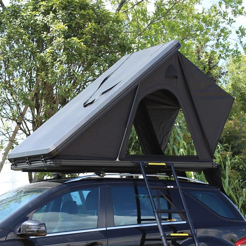 

Camping Triangle Car Rooftop Clamshell Black Gray Aluminum 4 Person Hard Shell Roof Top Tent