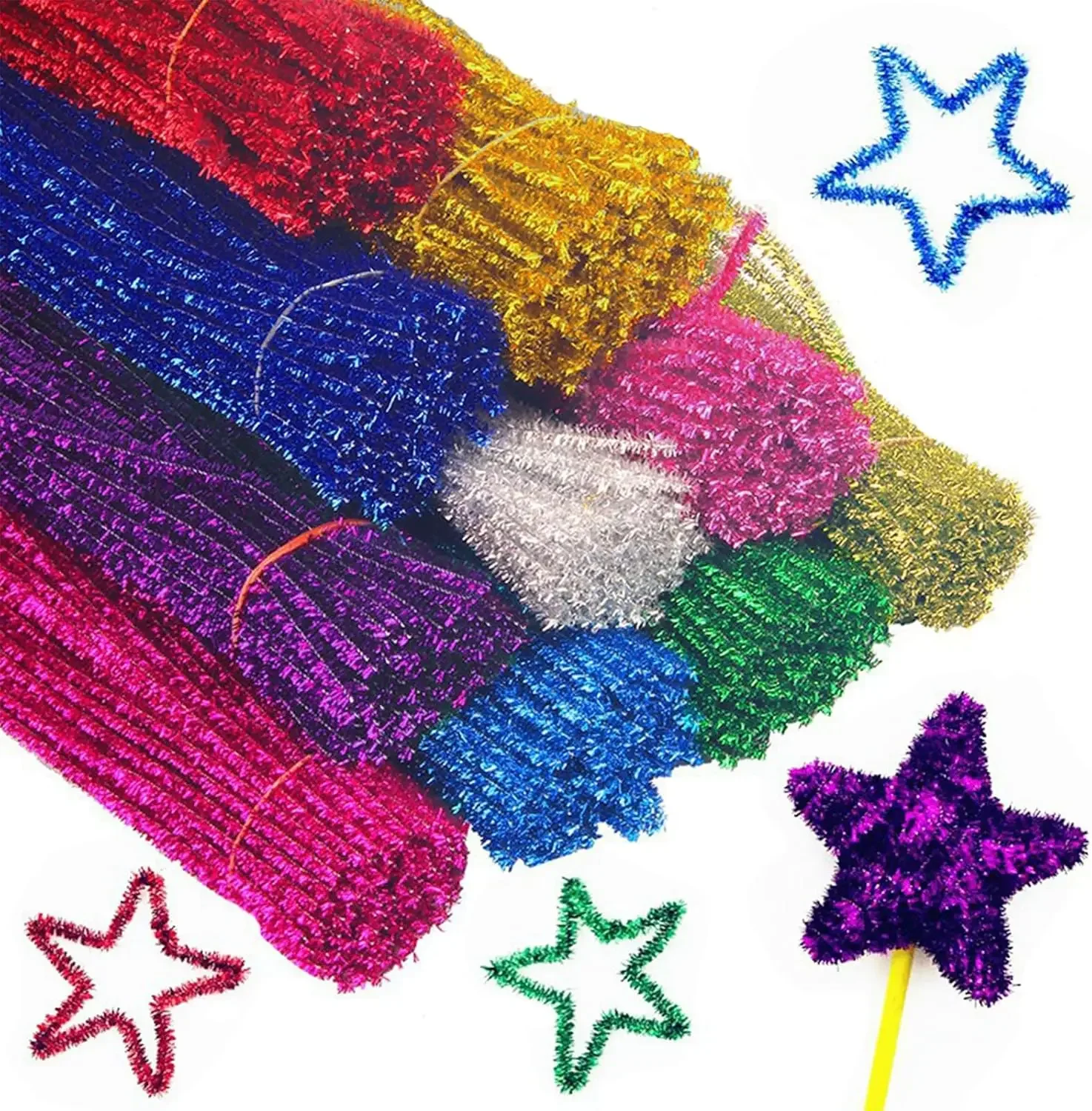 100pcs Coloured Chenille Thread Rods Glitter Pipe Cleaner Assorted Colours 6 mm x 300 mm DIY Crafts Decoration Supplies Craft