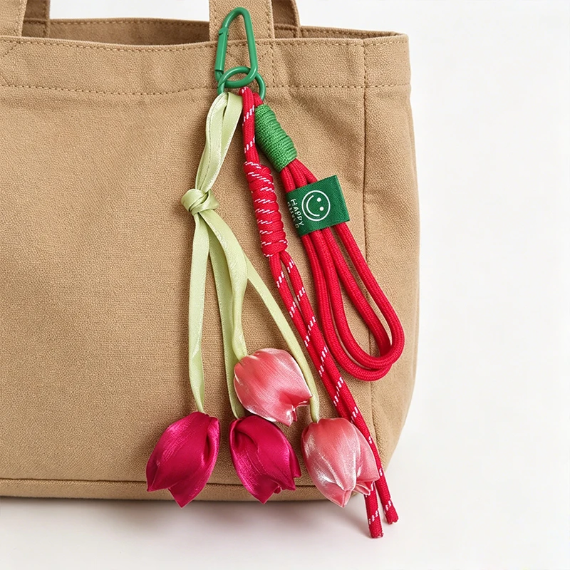 New Fresh Style Tulip Flower Bag Charm High Aesthetic Keychain Handbag Decorative Nylon Lanyard Sweet Spring Style