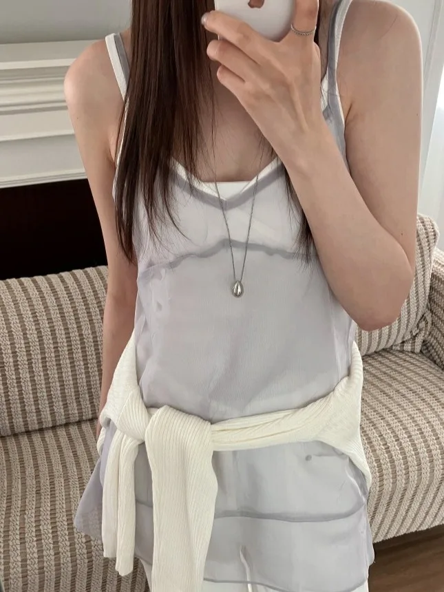 Women's Strap Vest 2025 New Summer Layered Mesh Design Fashionable Sleeveless Top Outerwear Elegant Atmosphere