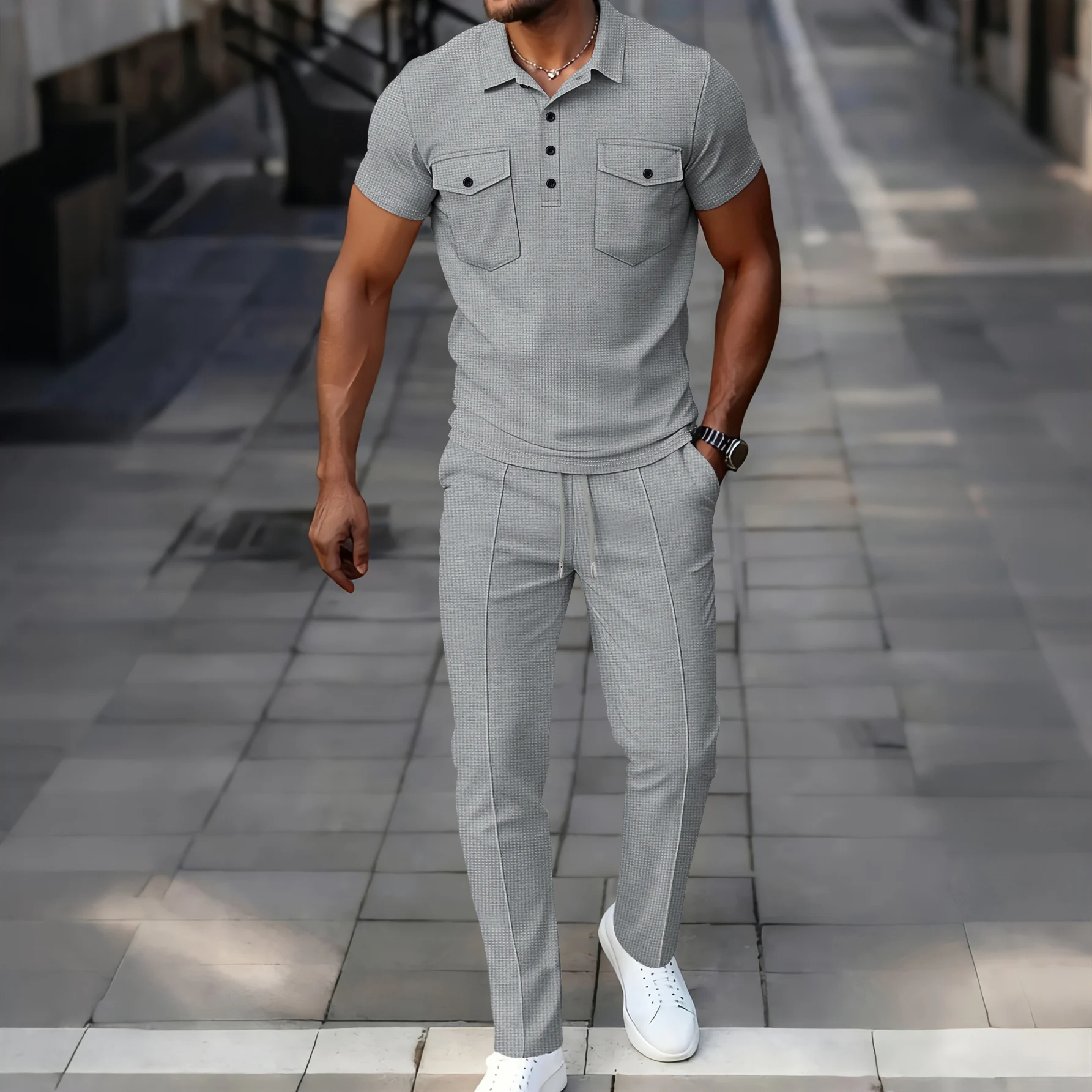 Sommer Neues Herren-Waffel-Freizeitoutfit, Poloshirt mit Reverskragen und Doppeltaschen sowie Lange Hose im Set