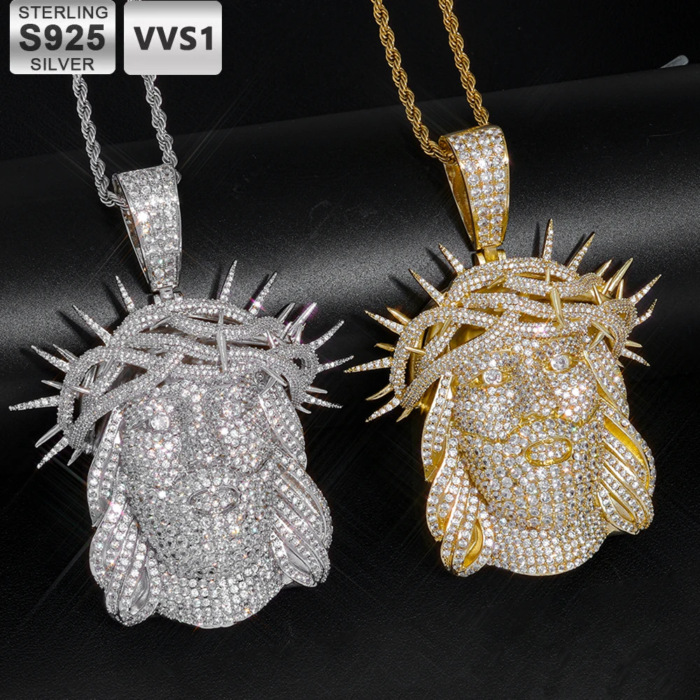 HHIOK Hip Hop Custom 925 Sterling Silver Jesus Pendant Inlaid With Iced VVS Moissanite Passed The Diamond Test Jewelry Necklace