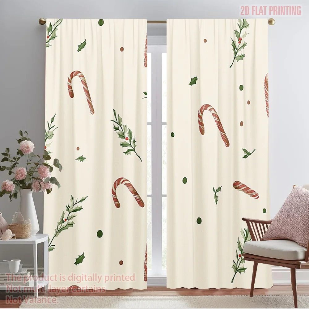 2pcs,2D plane printing Curtains&Window Treatment Christmas Branch Candy (2) Polyester Woven (without rod) Home Decor for Living