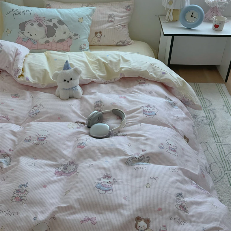 

Комплект постельного белья из 100% хлопка с милым рисунком собачки, четыре предмета, для односпальной кровати в студенческом общежитии, простыня, пододеяльник, плотность хлопковой ткани...