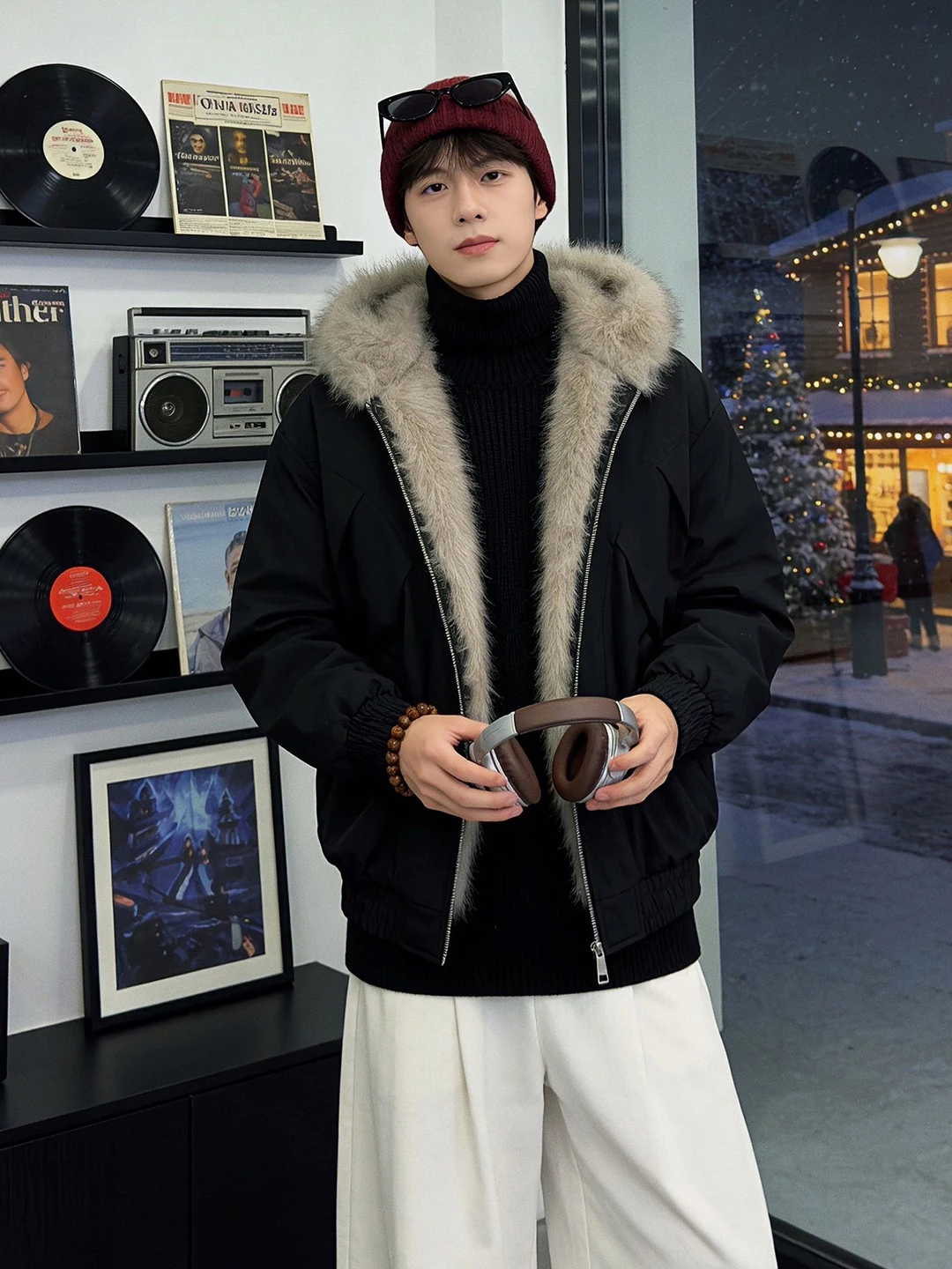 

Black Fur Collar Men's Cotton Jacket Winter Thickened Hooded Coat Cleanfit Warm Couple Outerwear Standard Fit Long Sleeve