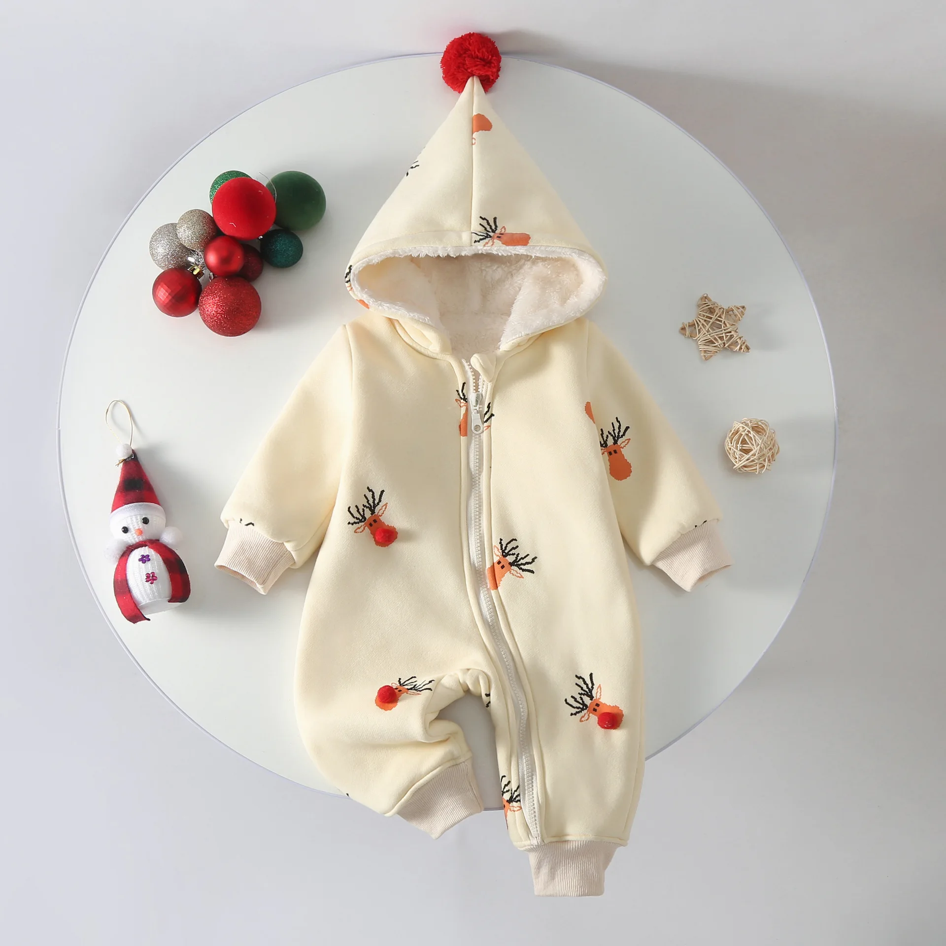 

Baby autumn and winter one-piece suit with fleece, winter coat, warm hooded zipper shirt, Christmas fleece baby climbing suit