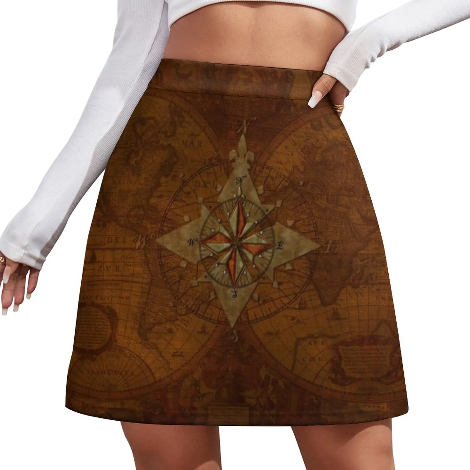 

Steampunk Compass Rose & Antique Map Mini Skirt Skirt for girls japanese fashion luxury women's skirt