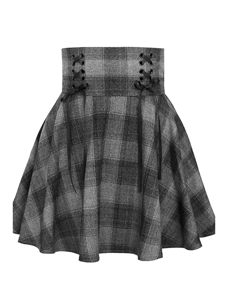 Women Plaid Mini Skirt Y2k Dark Grey A-Line Skirts Harajuku Korean Vintage 90s Lace-up High Waist Skirt Emo 2000s Trashy Clothes