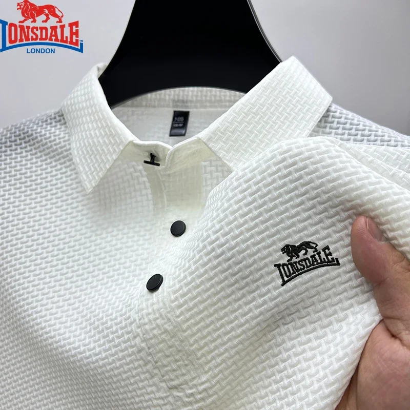 Embroidered LONSDALE High End Ice Silk Elastic Polo Shirt New Summer T-shirt Trendy Breathable Business Short Sleeve Luxury Top