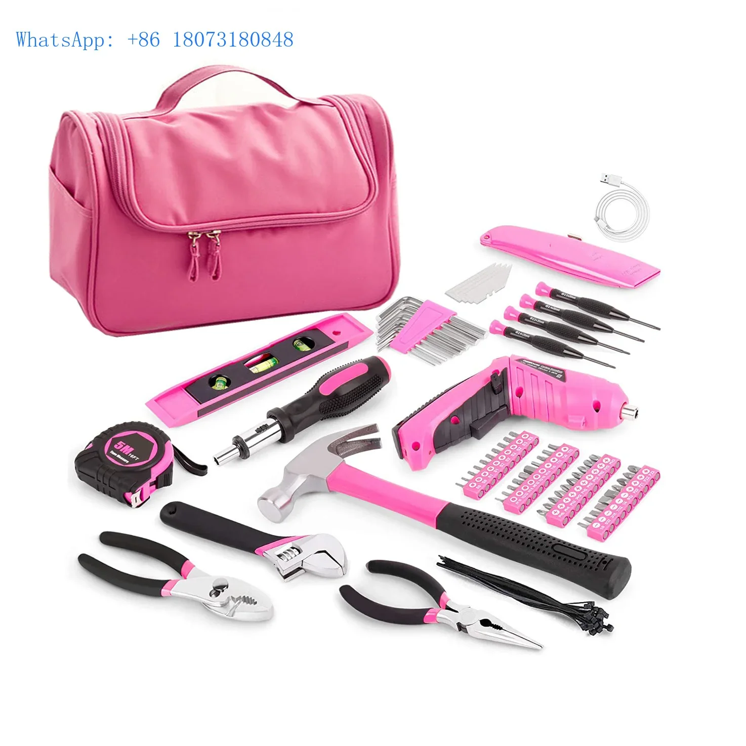 122-Piece Pink Tool Kit with 3.6V Rotatable Electric Screwdriver-Ladies Home Work Kit