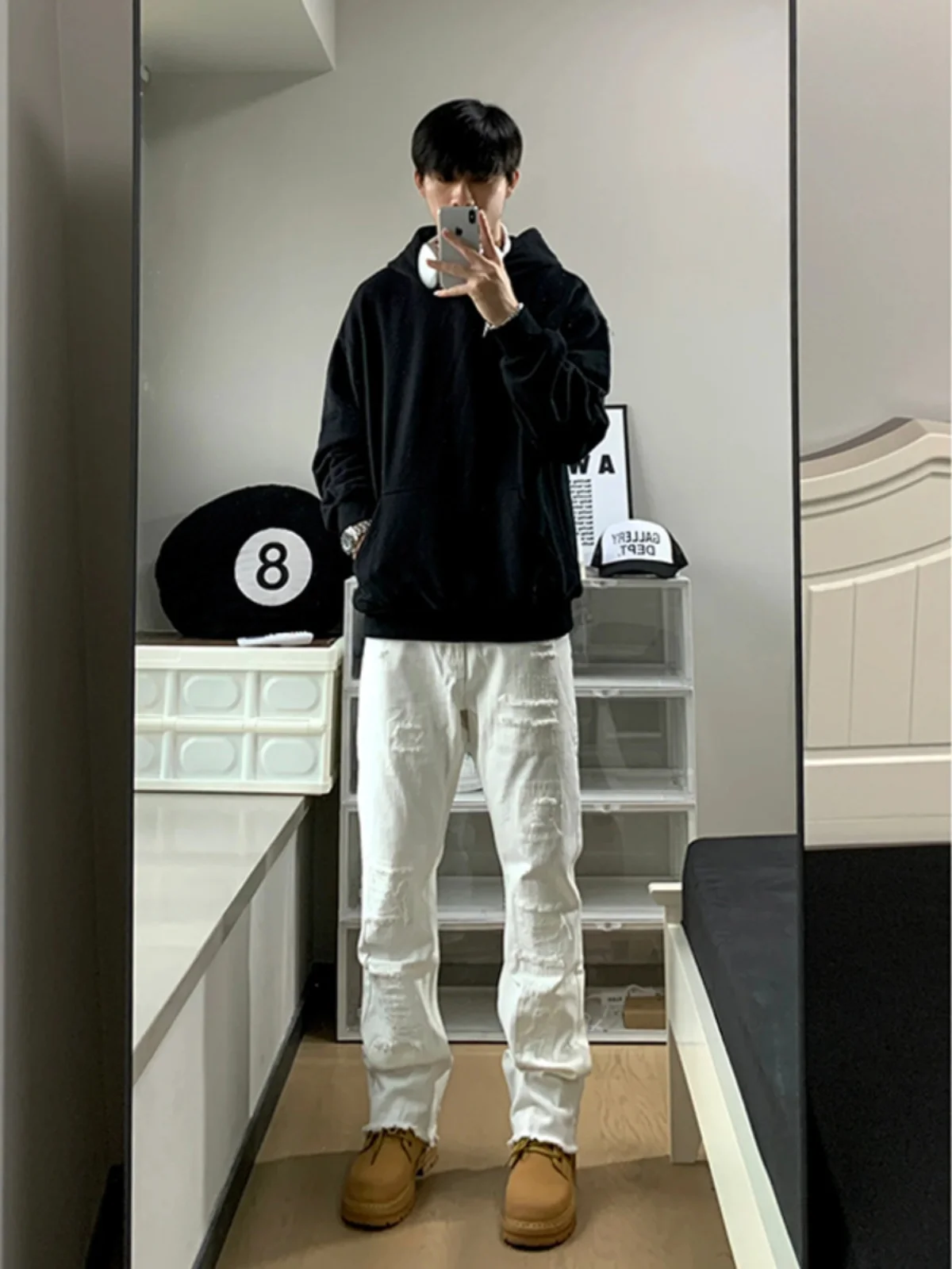 

White Ripped Denim Jeans Men's Autumn Winter Sle Cleanfit American High Street Vibe Boot Cut Straight Leg Cotton Blend