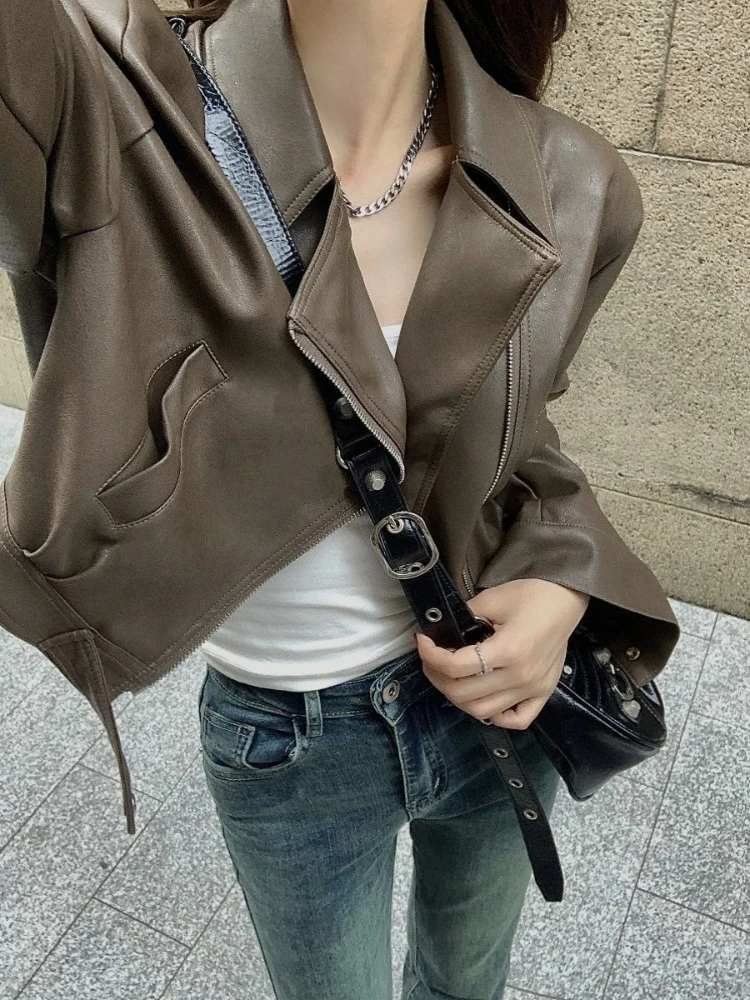 Street Fashion Europe - Europe Turn-down Collar Short Leather Women's