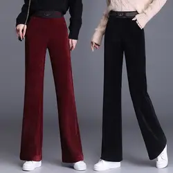 Korean New Women Corduroy Fleece Pants Autumn Winter Fashion Casual High Waist Solid Loose Thicken Vintage Straight Trousers