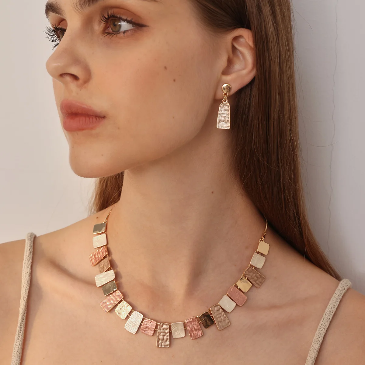 MeiceM Jewelry Set Zinc Alloy Colorful Geometric Square Simple Design Necklace And Earrings Fashion Jewelry Set For Women
