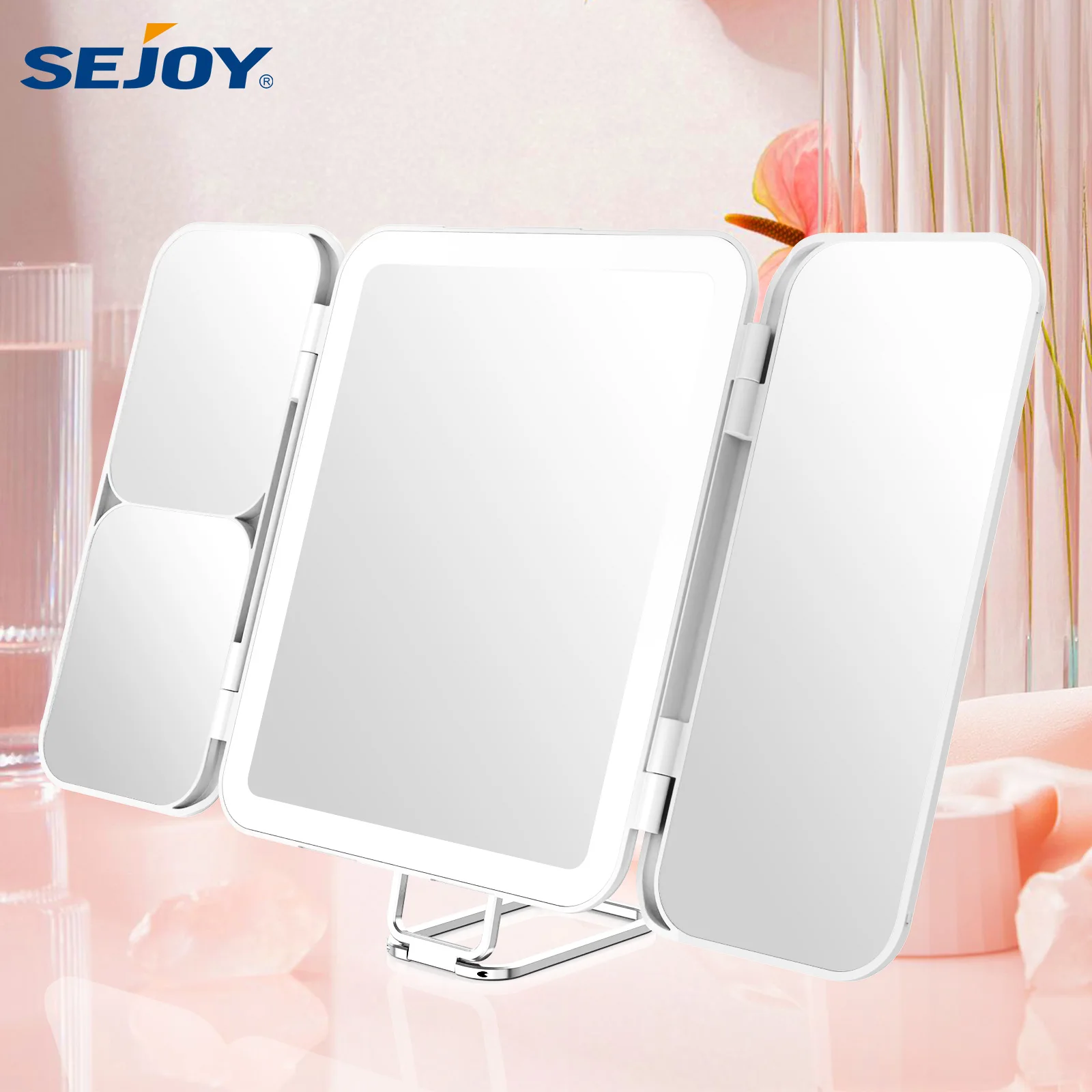 Miroir de maquillage miniature SEJOY avec lumières, miroir grossissant 1X 3X 7X, contrôle tactile, miroir de maquillage pliable, miroir de maquillage LED portable