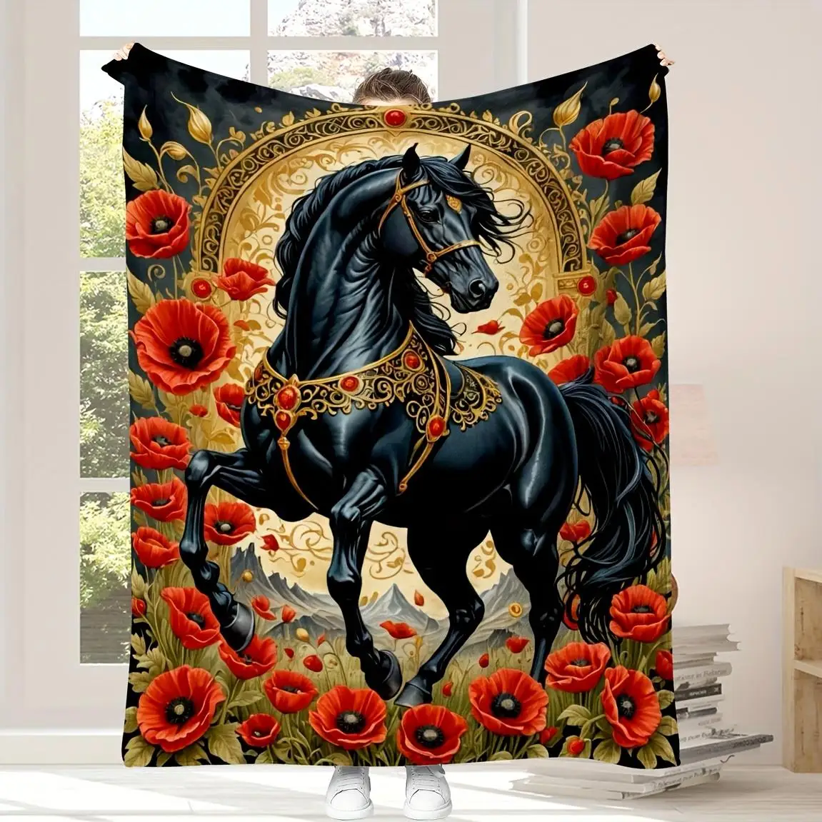 Elegant Horse and Poppy Floral Print Throw Blanket Boho Gothic Baroque Home Decor Throw Sofa Couch Romantic Maximalist Artwork