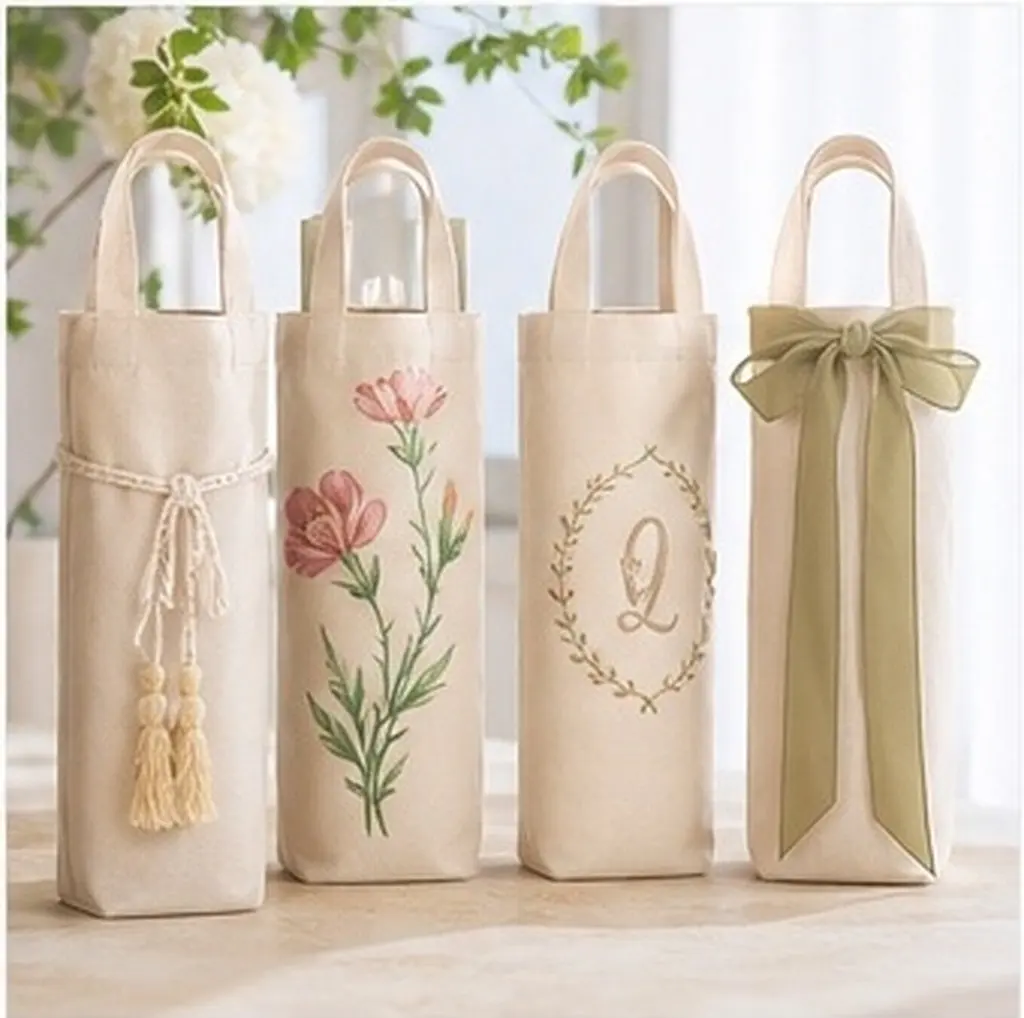 4Pcs Wine Gift Bags White Fabric 13.4x6.7x0.6 Reusable Canvas Tote Strong Handles Wedding Anniversary Party Present Carrier Bag