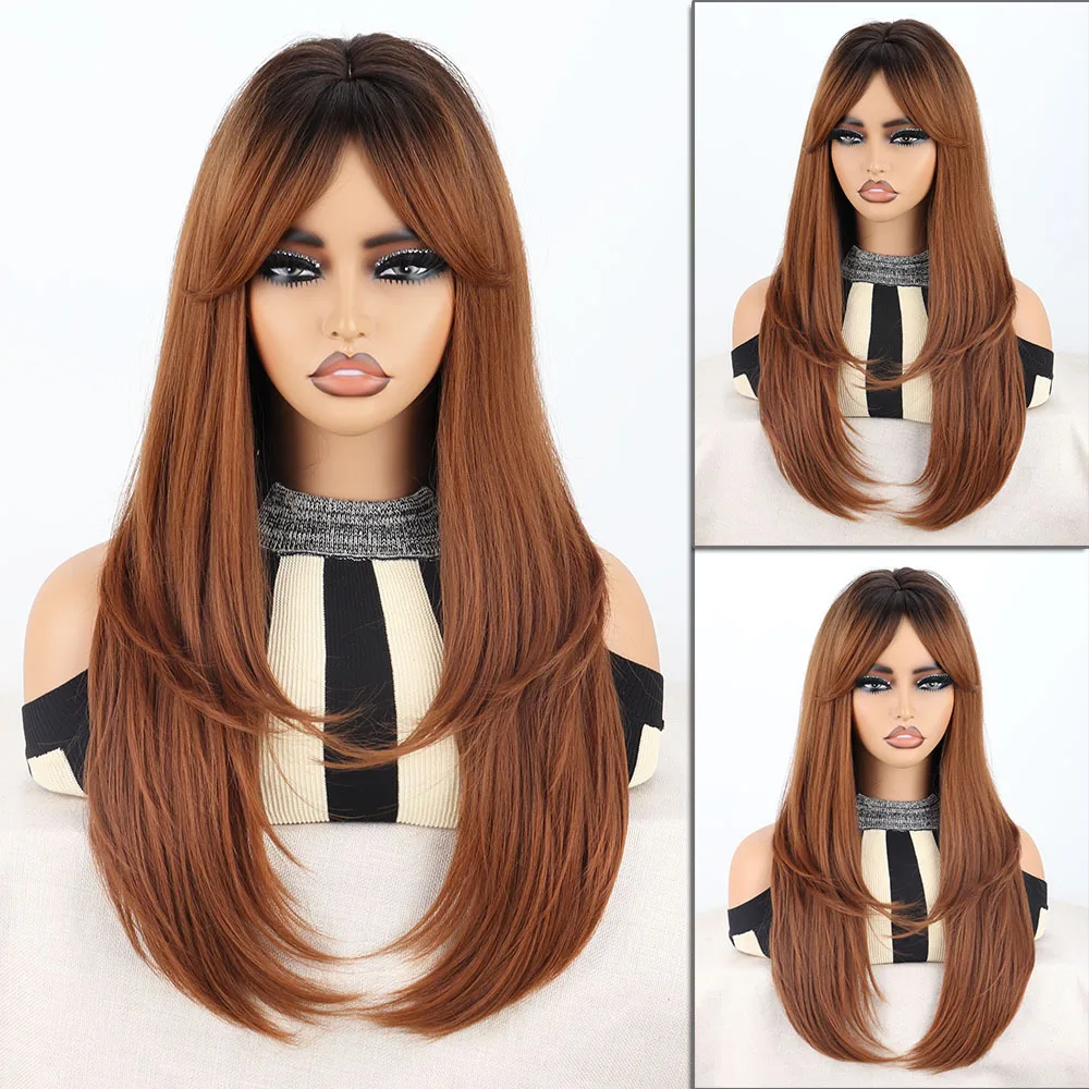 

European and American wig black brown gradual change eight-character bangs long inner buckle micro-roll wig headgear
