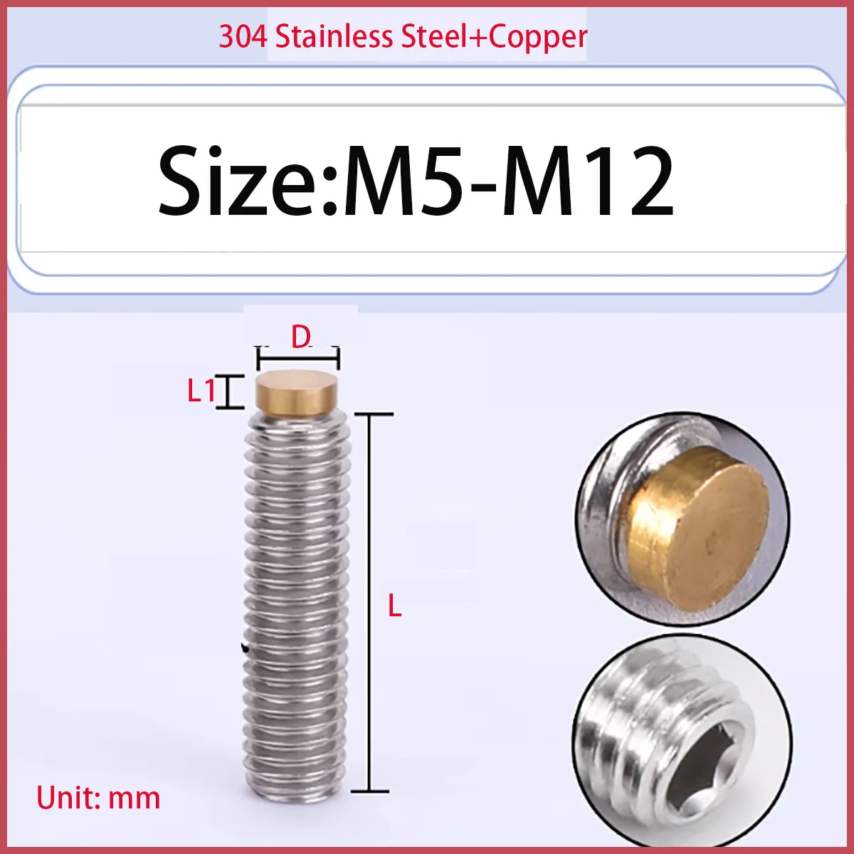 304 Stainless Steel Hexagonal Copper Head Machine Screw /Brass Convex Head Screw /Copper Head Plunger Buffer Bolt
