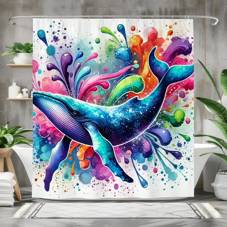 

Colorful Whale Shower Curtain Fabric Bath Curtain, Vibrant Ocean Design, Artistic Marine Life Decor, Rainbow Splash Bathroom Art