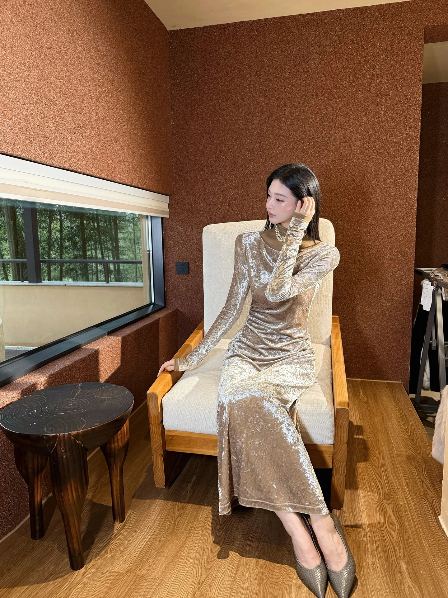 

Alin Velvet A-Line Long Dr Women's Winter Slimming Fi Tail Gown Velvet Patchwork Skirt Polyester Elastic Fiber round Nec...