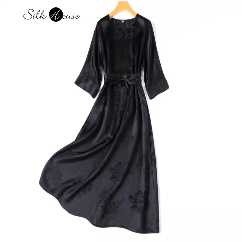 2024 Women's Fashion Summer New Extended Treasure 45MM Heavy Satin Jacquard Fragrant Cloud Yarn Sleeves Waist Sealing Dress