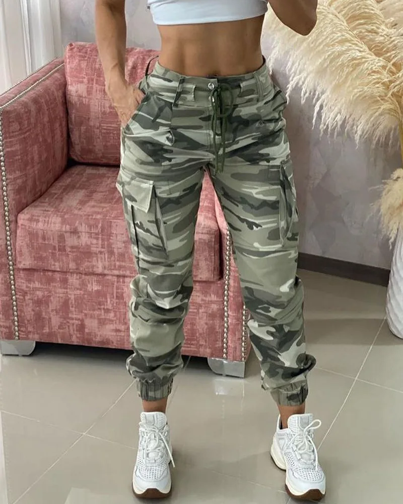 Print Drawstring Pocket Design Cargo Pants Women Mid Waist Cargo Slim Pencil Pants