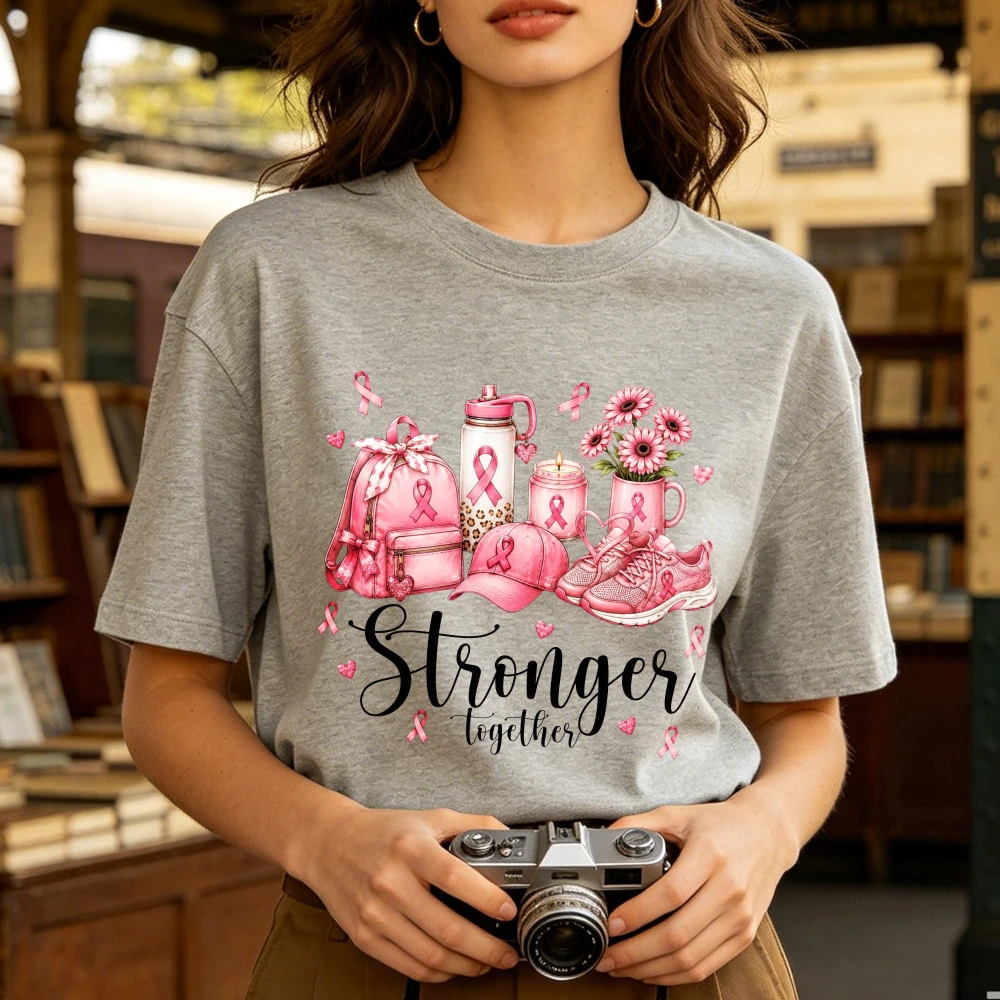 Stronger Together Breast Cancer Awareness Unisex Tshirt Pink Ribbon Floral Cotton Tops Charity Supporters October Campaign Tees