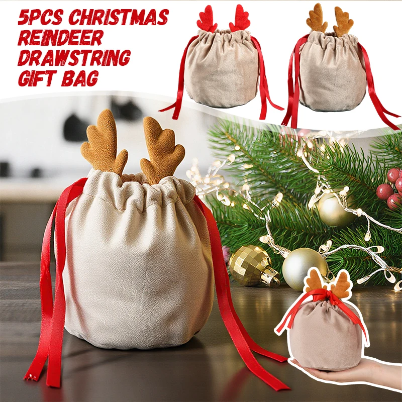 

5pcs Christmas Reindeer Drawstring Gift Bag, Reusable Velvet Santa Claus Candy Biscuit Gift Bag, Christmas Eve Party Gift Decor