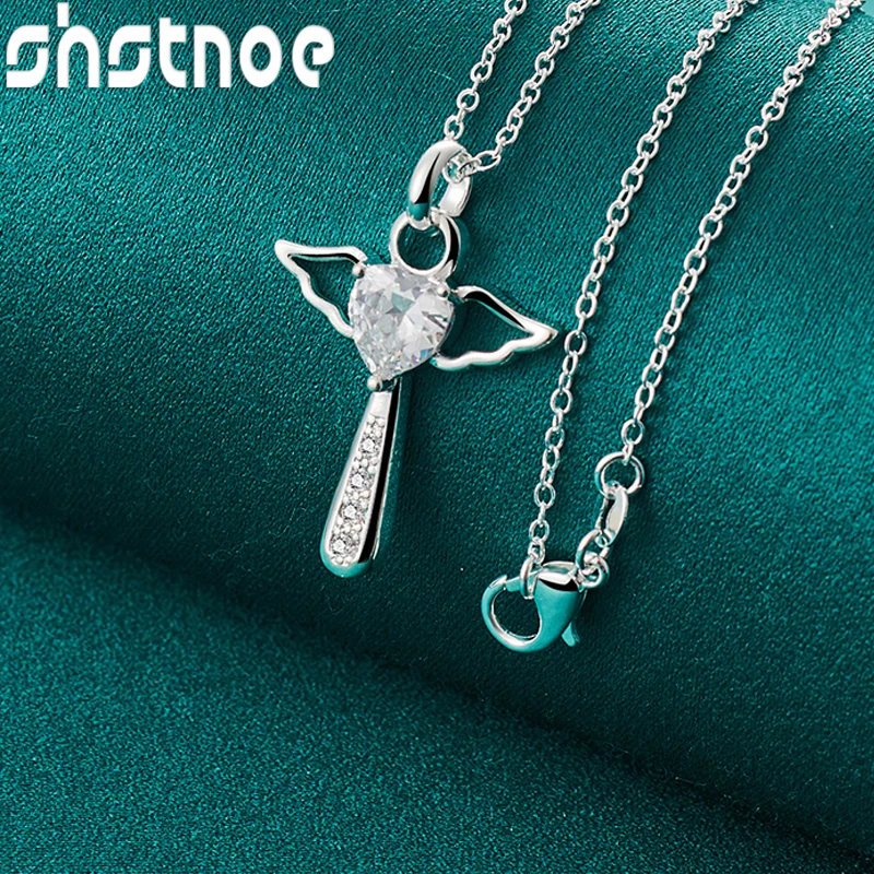 

SHSTONE 925 Sterling Silver AAA Zircon Cross Angel Wing Pendant Necklace 16-30 Inch Chain For Women Party Birthday Jewelry Gift