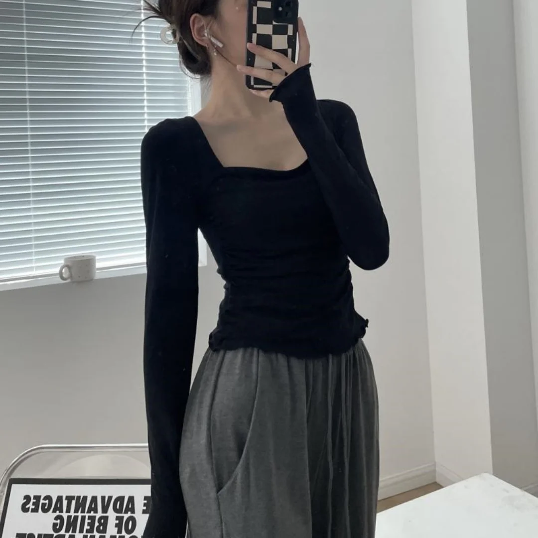 Women's Square Neck Ruched Long Sleeve Top Slim Fit Stretchy Y2K Casual Tee 2026 Spring Multiple Colors Women T Shirt Streetwear