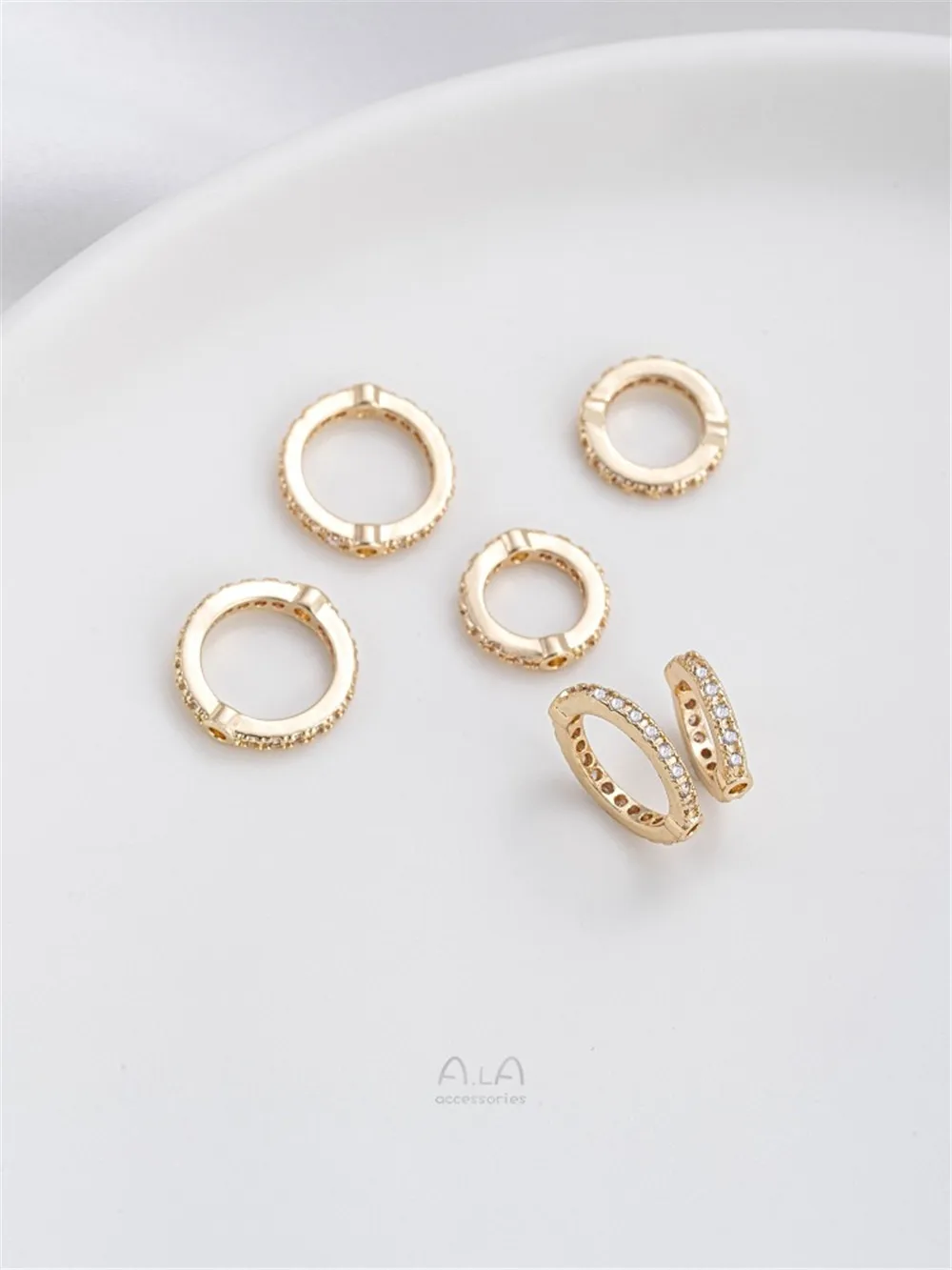 14K Gold-Coated Zircon Anel Set, Anel Bead, DIY String, Pulseira Pérola, Colar, Acessórios Da Jóia, K029