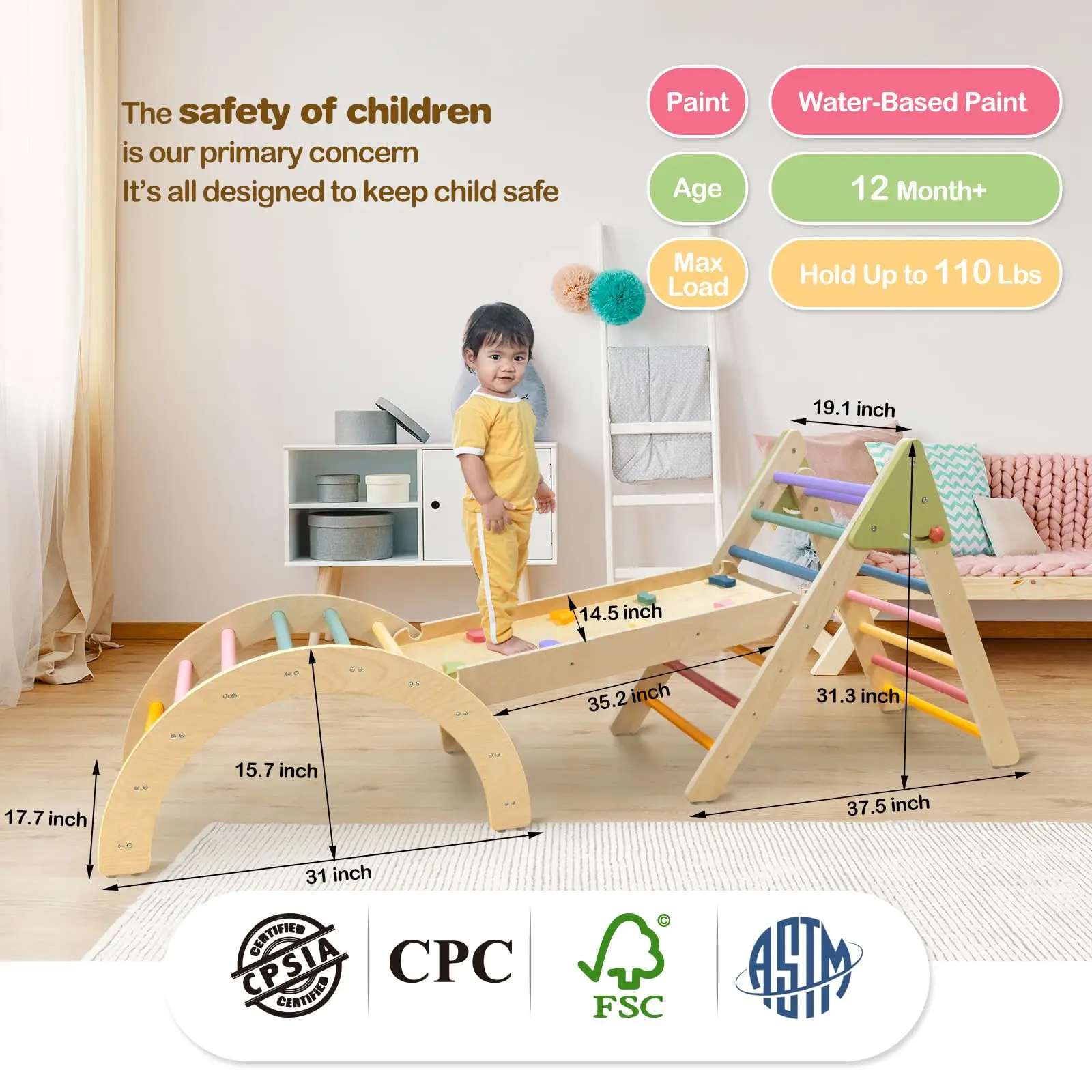 Conjunto de triângulo pikler, 3 peças de brinquedos de ginástica para escalada infantil, playground interno, brinquedos de escalada dobráveis para crianças de 1 a 3 anos dentro