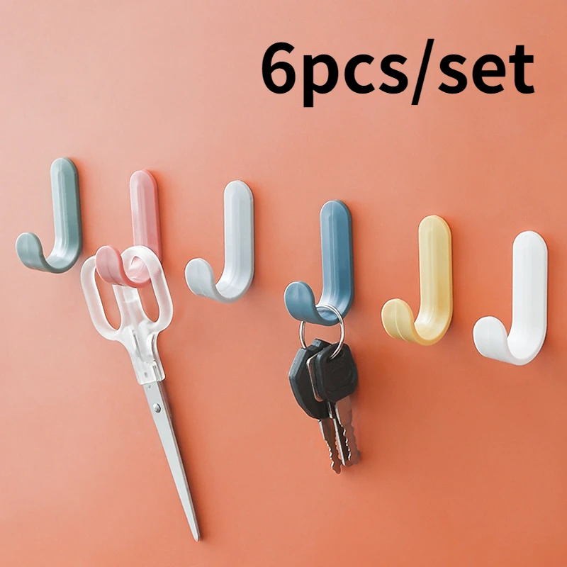 6pcs/set J-shaped Self Adhesive Hooks Plastic Door Wall Hangers Candy Color Strong Hook for Kitchen Bathroom Bedroom Hallway