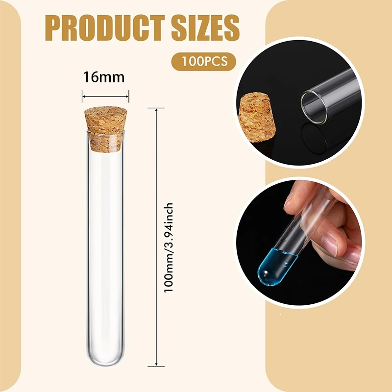 100 Pieces Plastic Test Tubes with Cork Clear Stoppers Round Bottom Container for Plants Scientific Experiments Candy Storage