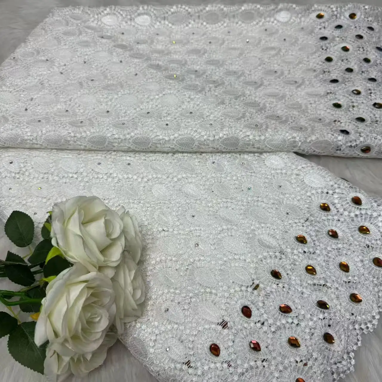 

White African Guipure Cord Lace Fabric Stones 2026 High Quality Lace Material Bridal French Fabric For Nigerian Wedding Hm197-1