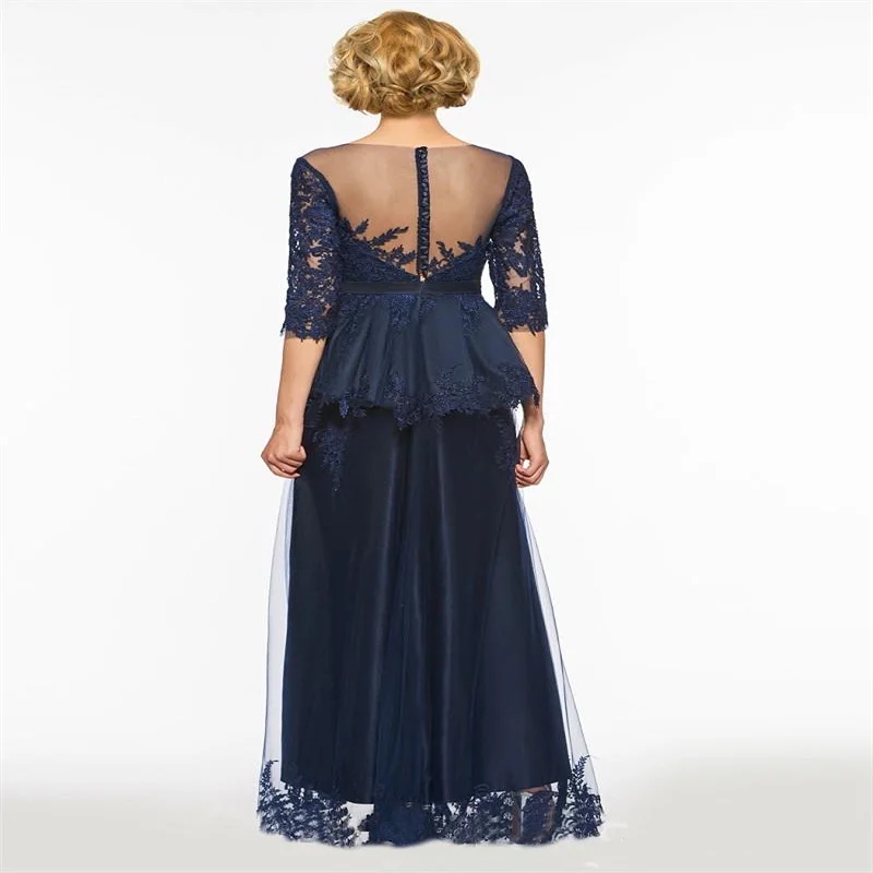 Dubai Arabic Dark Navy Appliques Lace Stain Mother of the Bride Dresses Sheer Neck Half Sleeve Elegant Evening Formal Gown