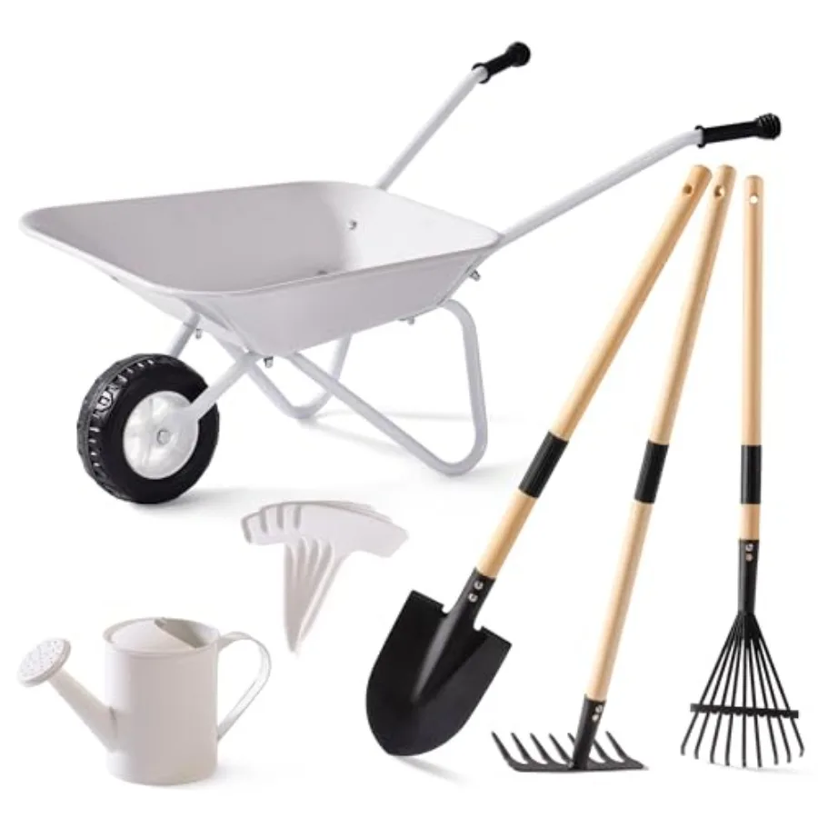 

Wheelbarrow with Gardening Set Metal Wheelbarrow Toddler Outdoor Play Toy with Garden Tools Watering Can Plant Labels Pretend P
