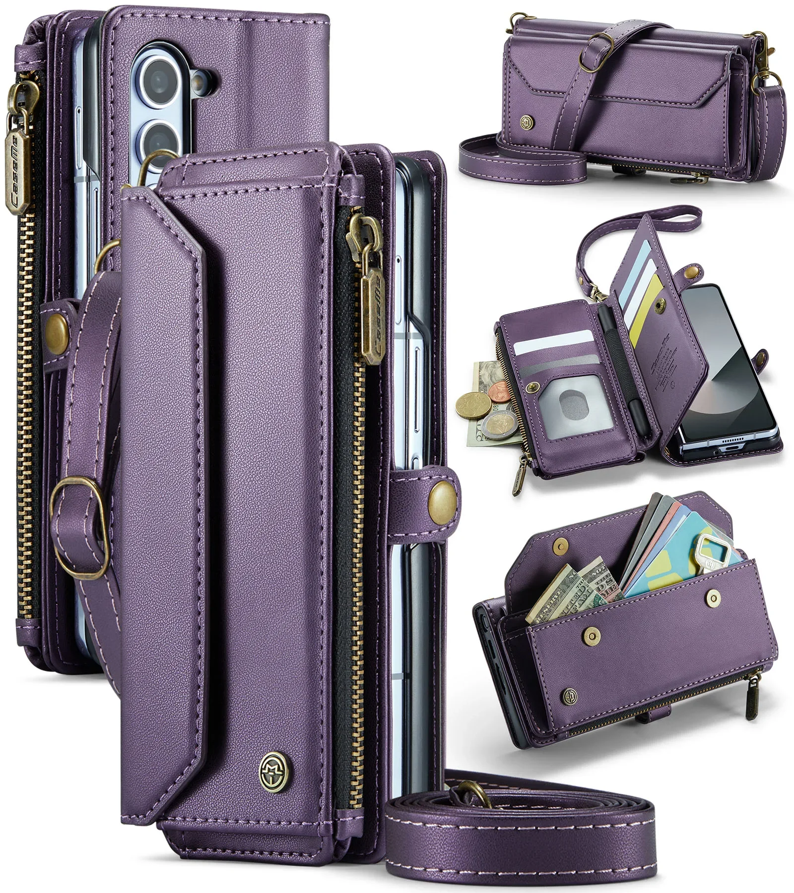 

Case For Samsung Galaxy Z Fold 7/6/5 PU Leather Phone Case with Strap Zipper Card Holder Wallet Compatible with Multiple Models