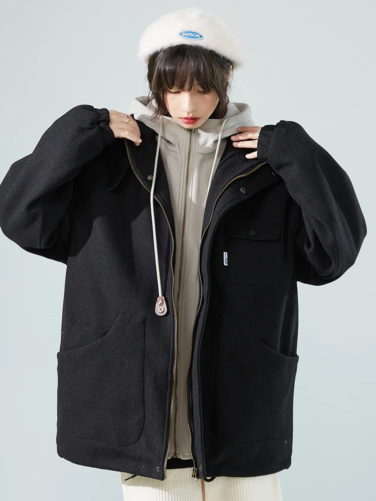 

avitational Museum Fake Two-Piece Cotton Jaet Hooded Women's Winter Coat Trendy Streetwear Loose Fit Long Sve Zipper