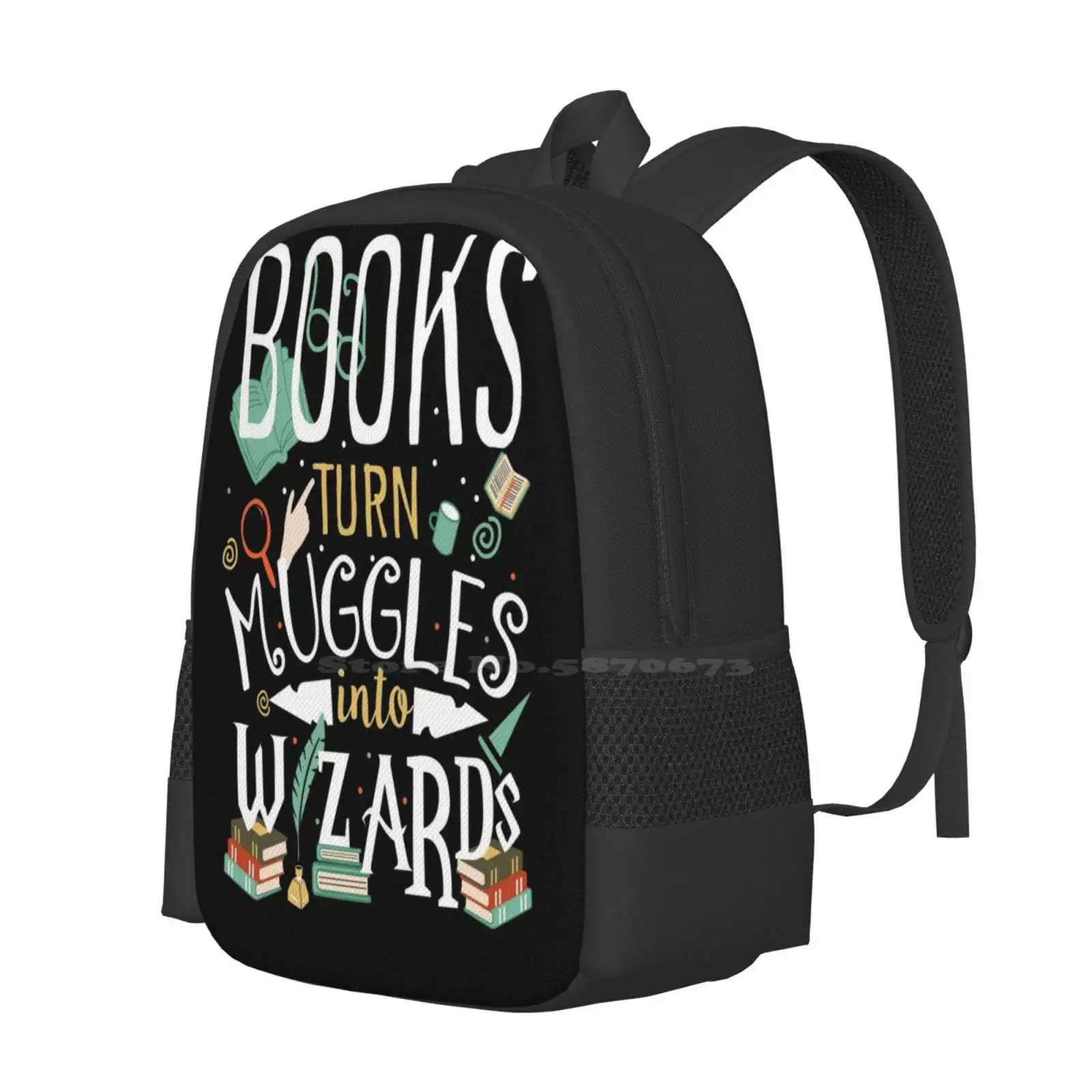 Books Turn Into Teen College Student Backpack Pattern Design Bags Books Reading Worm Quotes Magic Wizard Hp Love Lettering