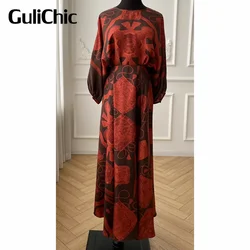 8.29 GuliChic 2024 New Vintage Print Silk Round Neck Lantern Sleeve Blouse Or High Waist Slim Loose Midi Skirt Woman Set