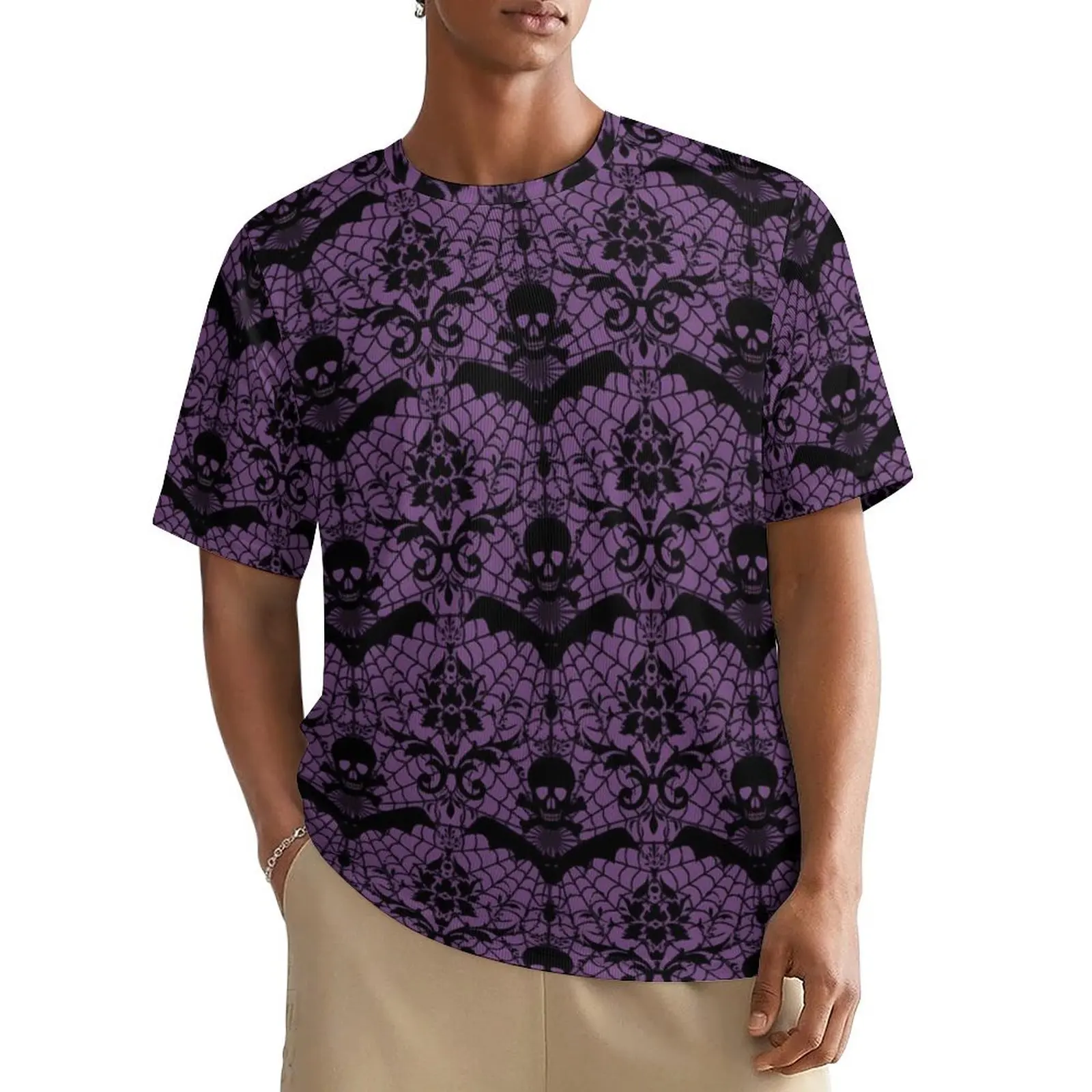 Big Size T Shirt Summer Retro Halloween T-Shirts Damask Purple Y2K Fun O-Neck Tshirt Mens Hippie Design Tops