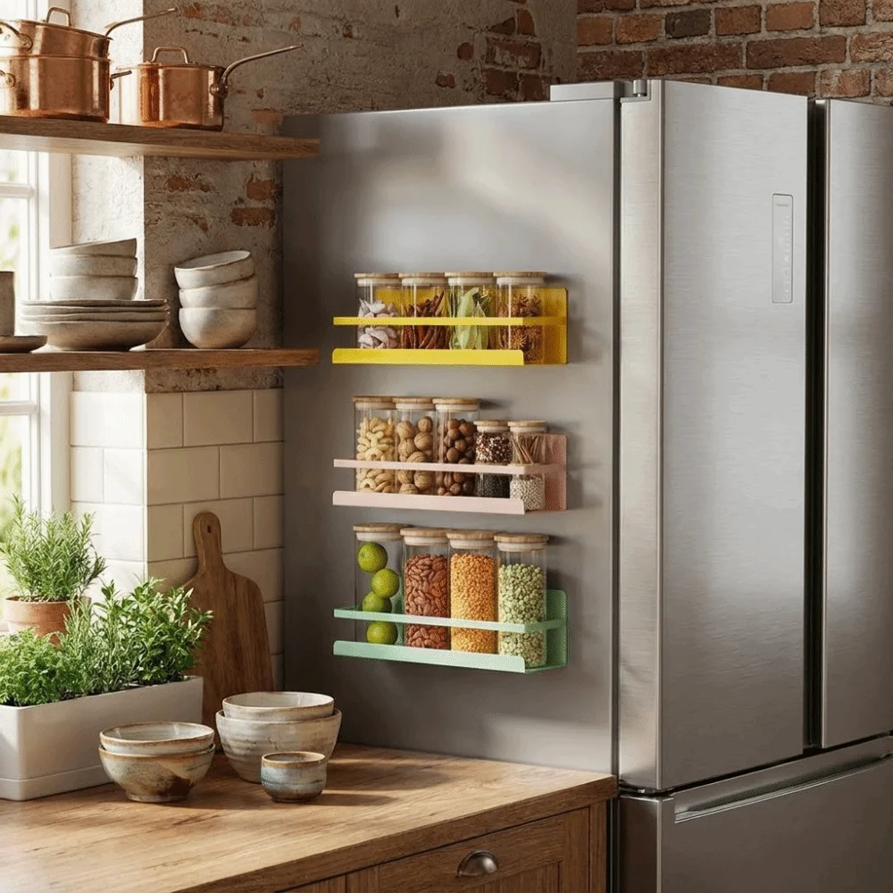 

Carbon Steel Refrigerator Magnetic Shelf Wall Mounted Punch Free Magnetic Spice Rack Space Saving Large Capacity