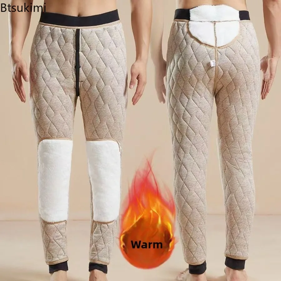 Men Quilted Thick Thermal Underwear Pants Sherpa Lined Knee & Waist Protection Leggings Winter High Waist Cold Resistant Pants