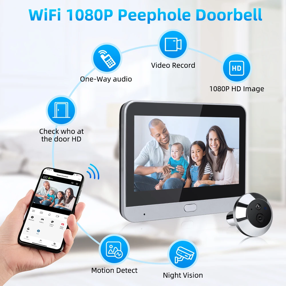 Wsdcam 140° Wide Angle Door Peephole Camera One Way intercom Video Eye Motion Detection Wifi Doorbell Camera 5000mAh Battery