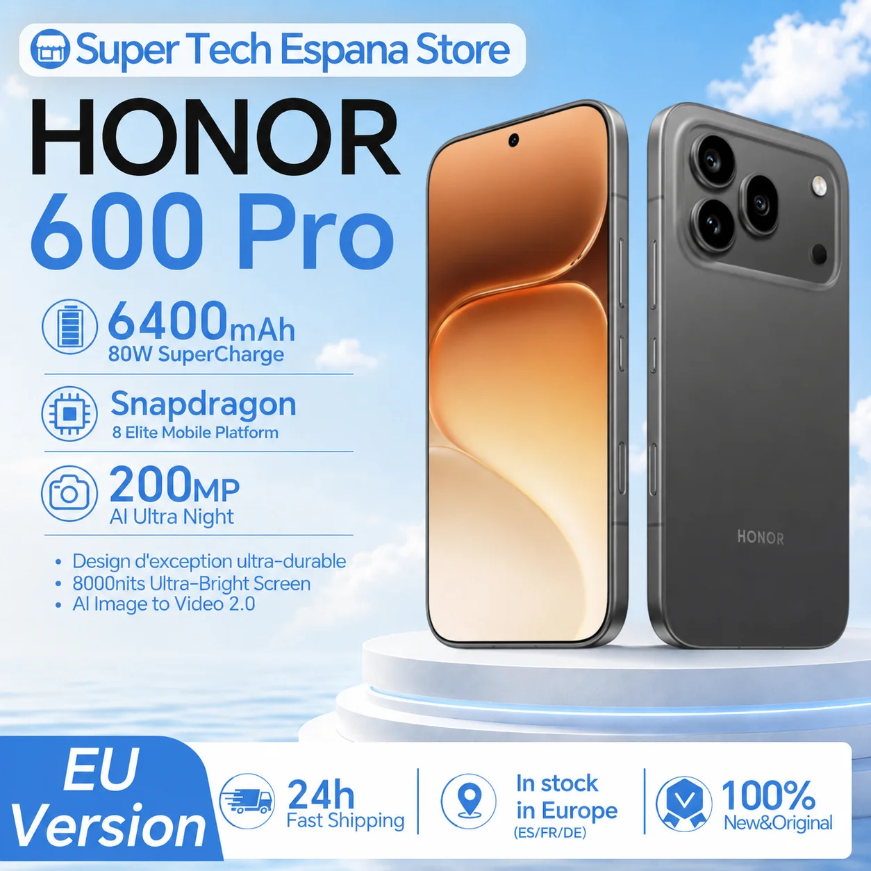 EU Version HONOR 600 Pro 12GB+512GB Snapdragon 8 Elite 200MP AI Camera 6.57”AMOLED Display 6400mAh 80W SuperCharge Support NFC