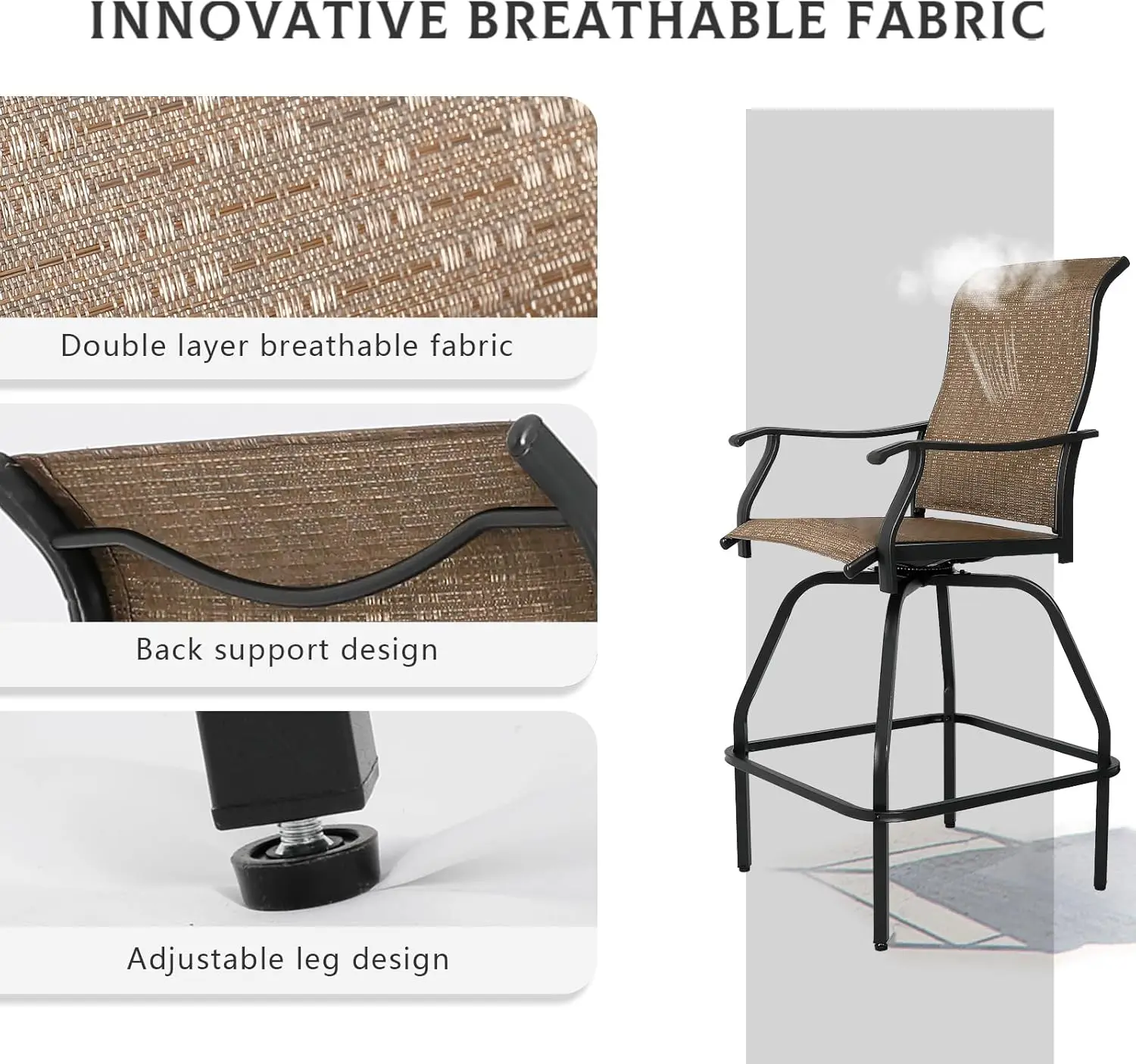 Patio Bar Set 3pcs Swivel Bar Stools Outdoor Bistro Textilene Furniture Stability All-Weather Set with Height Table (3, Dark Bro