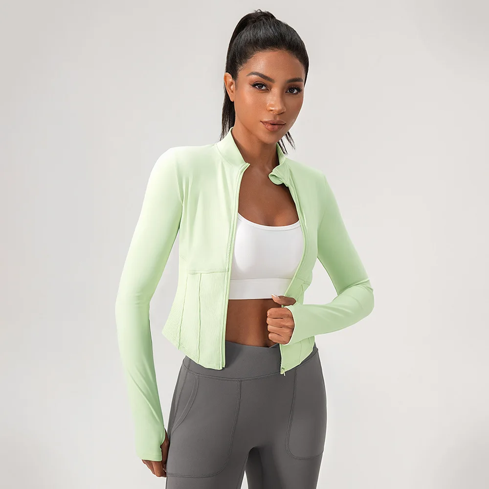 SHINBENE Yoga Pants Long-sleeved Tight-fitting Zipper Jacket Slimming V-neck Sports Top for Running and Fitness Training